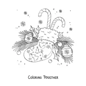 Coloring page of a Christmas stocking with candy canes, baubles, and pine branches