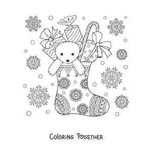 Coloring page of a Christmas stocking with presents and a teddy bear inside