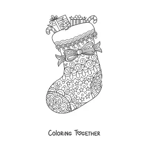 Coloring page of a Christmas stocking with presents and a bow in zentangle style