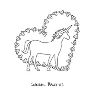 Coloring page of a unicorn's silhouette with a heart in the background