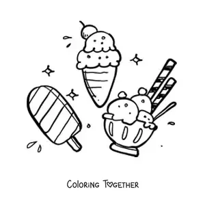 Coloring page of an ice cream popsicle with a sundae cup and a cone