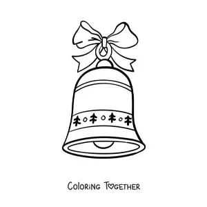 Coloring page of a Christmas bell with a bow and pines