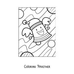 Coloring page of an animated Christmas bell with a Santa hat