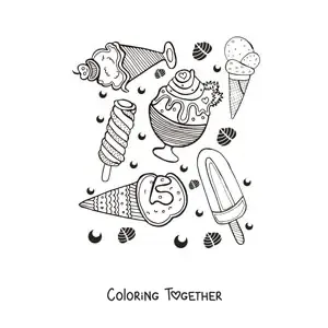 Coloring page of several types of ice cream