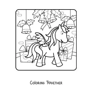 Coloring page of a unicorn with Christmas bells