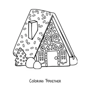 Coloring page of a gingerbread house with a Christmas tree