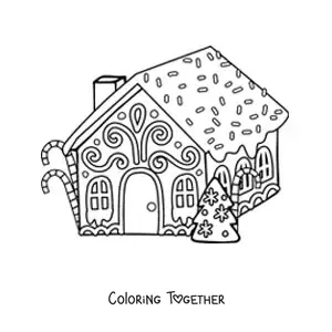 Coloring page of a gingerbread house with a Christmas tree and candy canes