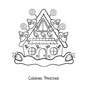 Coloring page of a kawaii gingerbread house with strawberries