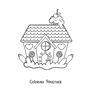 Coloring page of a kawaii gingerbread house with hearts