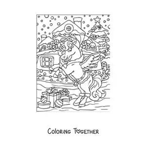 Coloring page of an animated unicorn with a gingerbread house