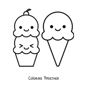 Coloring page of a kawaii two-flavor ice cream and an ice cream cone