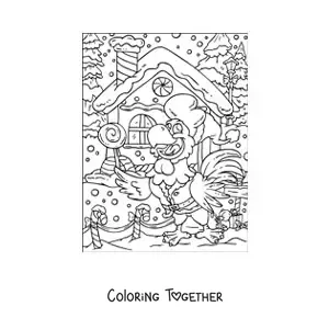 Coloring page of an animated parrot with a gingerbread house