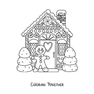 Coloring page of a Christmas gingerbread house with a gingerbread man