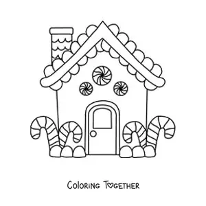 Coloring page of a little gingerbread house with candy canes