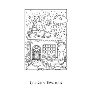 Coloring page of a gingerbread house with a garden