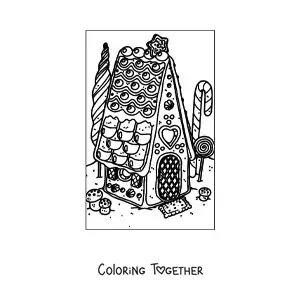 Coloring page of a realistic gingerbread house with a garden