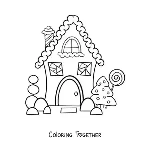 Coloring page of a gingerbread house with a Christmas pine