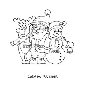 Coloring page of a Christmas reindeer with Santa and a snowman