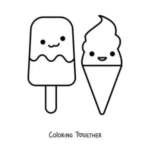 Coloring page of a kawaii ice cream popsicle and an ice cream cone