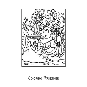 Coloring page of an animated Christmas reindeer with presents