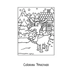 Coloring page of an animated Christmas reindeer in the snow