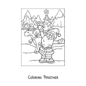 Coloring page of an animated Christmas reindeer with Santa