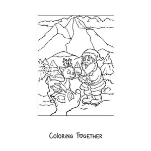 Coloring page of animated Christmas reindeer with Santa