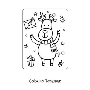 Coloring page of an animated kawaii Christmas reindeer with a scarf
