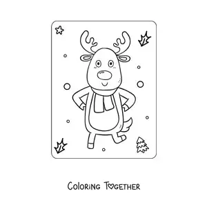 Coloring page of an animated Christmas reindeer with a scarf