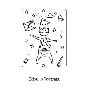 Coloring page of an animated Christmas reindeer with a scarf