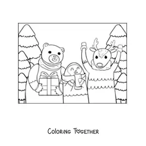Coloring page of a Christmas reindeer with animals and presents