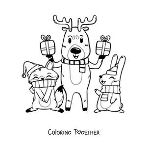 Coloring page of a Christmas reindeer with animals and presents