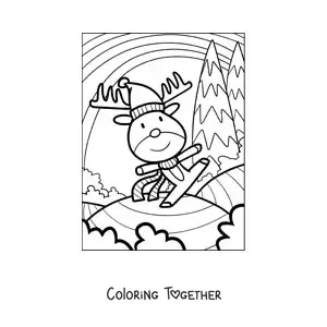 Coloring page of an animated Christmas reindeer with a Santa hat