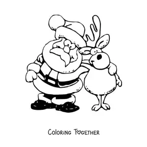 Coloring page of a Christmas reindeer with Santa Claus