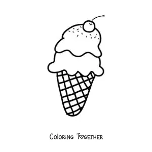 Coloring page of a double scoop ice cream cone with a cherry