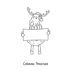Coloring page of a reindeer with a sign and a Christmas hat