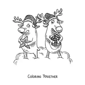 Coloring page of cartoon Christmas reindeer with gifts