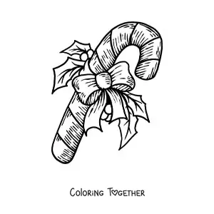 Coloring page of a candy cane with a realistic bow