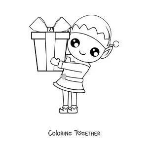 Coloring page of a Christmas elf with a gift