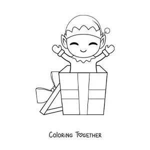Coloring page of a Christmas elf on a gift