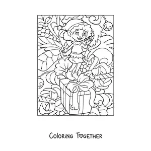 Coloring page of a Christmas elf girl with a gift