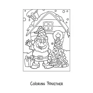 Coloring page of a Christmas elf with a tree