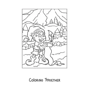 Coloring page of a Christmas elf with a list