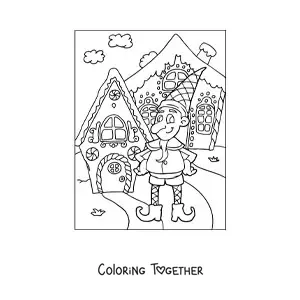 Coloring page of a Christmas elf with a gingerbread house