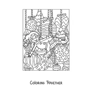 Coloring page of a Christmas elf with baubles