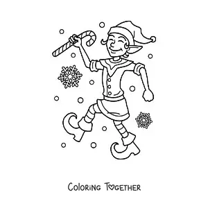 Coloring page of a Christmas elf with a candy cane