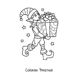Coloring page of a Christmas elf with a gift