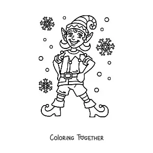 Coloring page of a Christmas elf with snowflakes