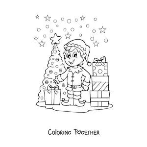 Coloring page of a Christmas elf by the tree and the gifts