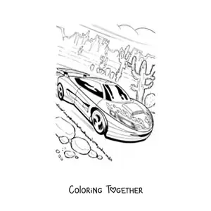 Coloring page of a race car going full speed in a desert